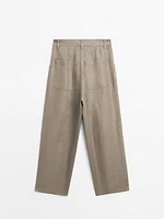 100% linen wide-leg mid-rise trousers