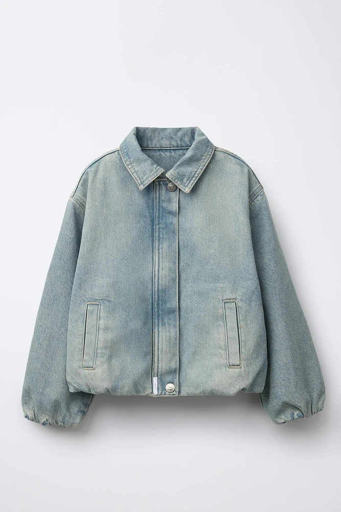 WORN EFFECT DENIM BOMBER JACKET CLOSED ©