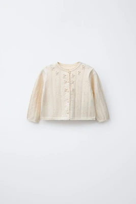 OPENWORK AND EMBROIDERED KNIT CARDIGAN