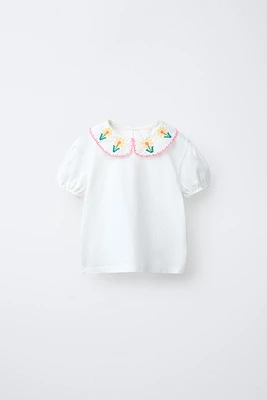 EMBROIDERED PETER PAN COLLAR T-SHIRT