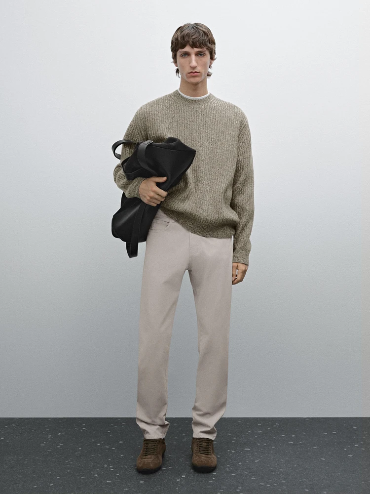 Slim fit cotton blend sateen denim trousers