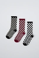 LOT DE TROIS PAIRES CHAUSSETTES LONGUES À CARREAUX DAMIER