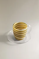 BOROSILICATE GLASS MUG AND SAUCER WITH SPIRAL DETAIL
