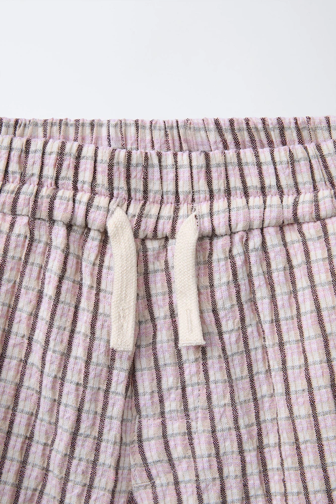 TEXTURED PLAID WIDE-LEG SHORTS
