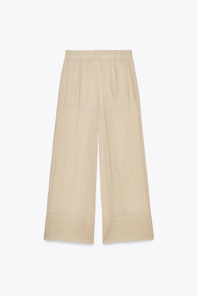 WRINKLED EFFECT SEMI-SHEER WIDE LEG PANTS