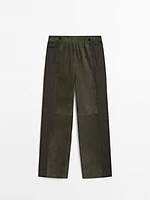 Pantalon en cuir effet daim et lin
