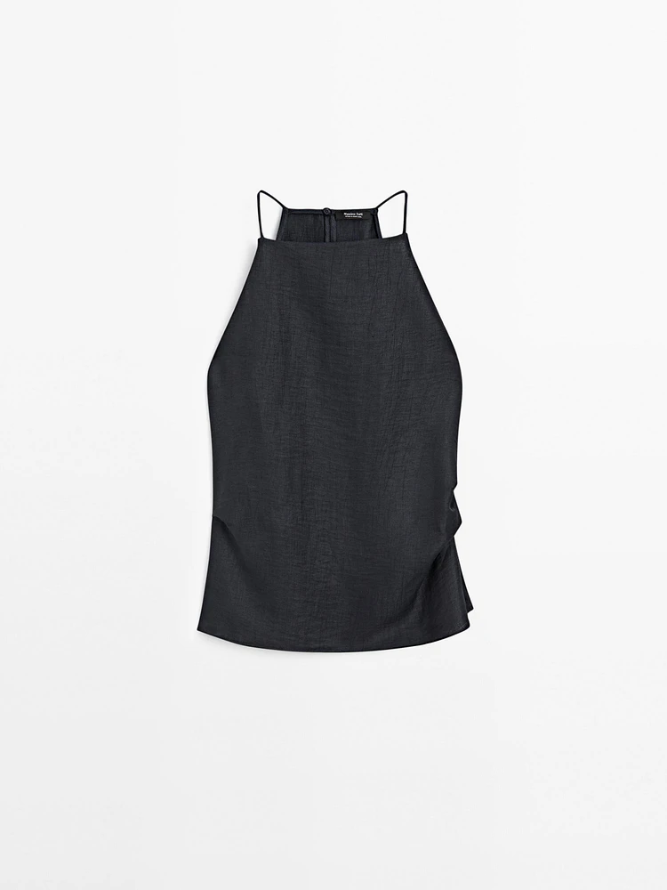 Linen blend halter top with straight neckline