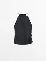 Linen blend halter top with straight neckline