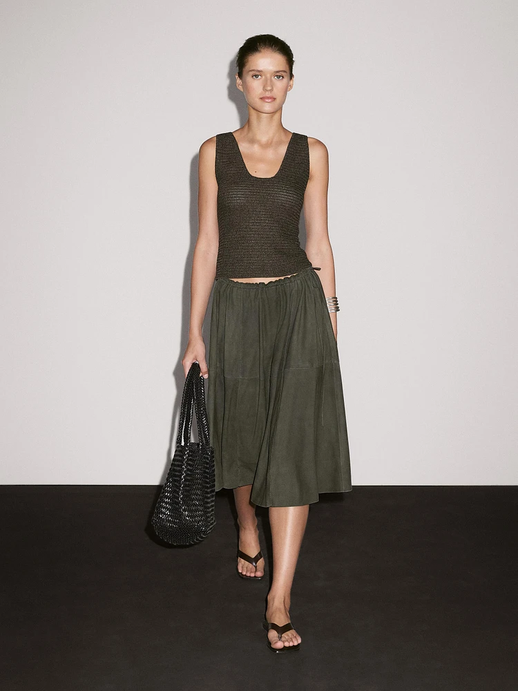 Suede leather skirt with gathered detail