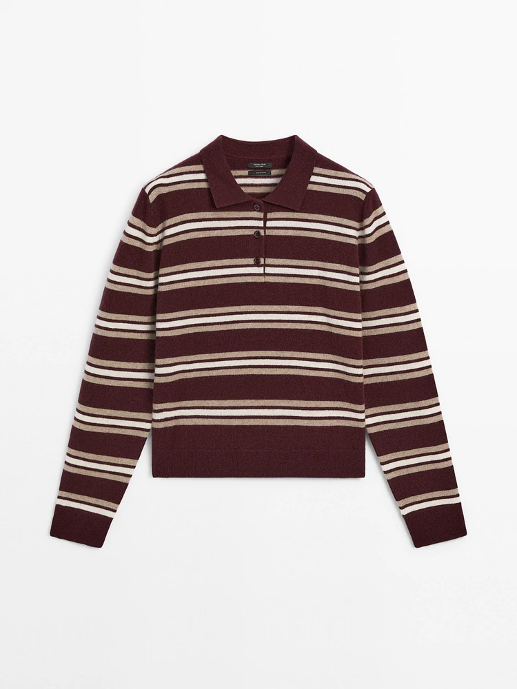 Pull polo à rayures en maille 100 % cachemire