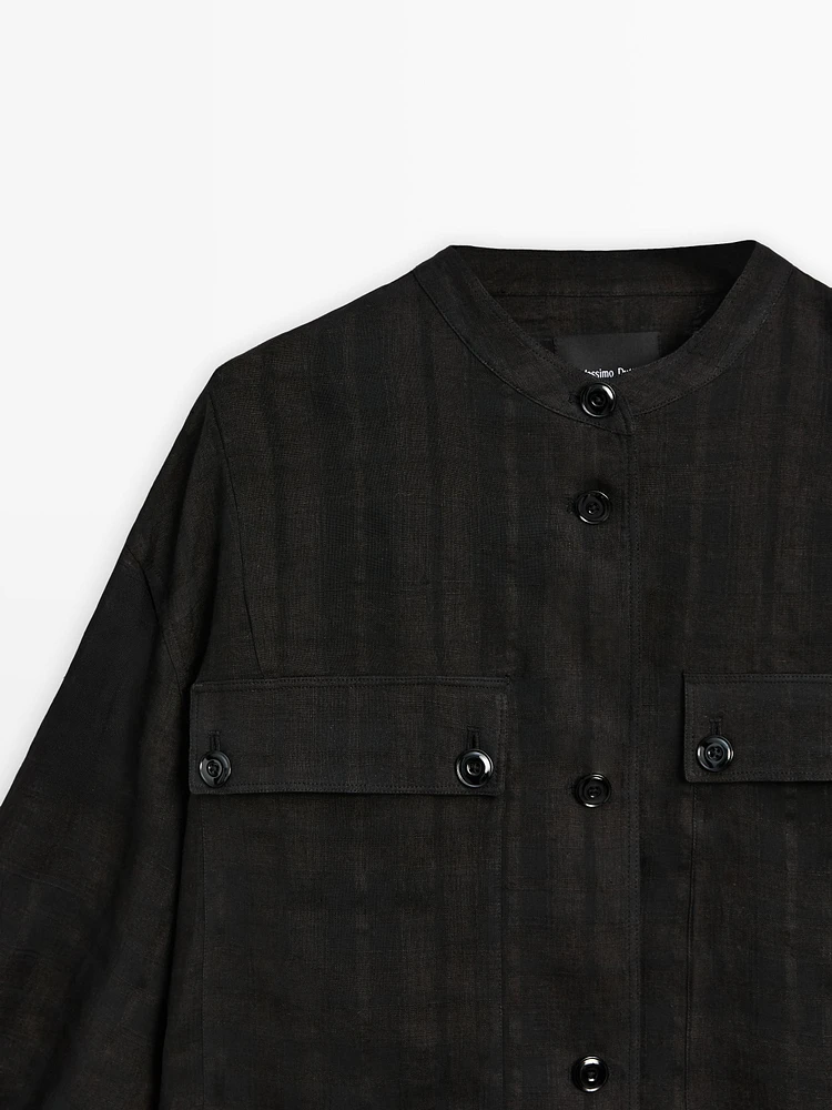 Linen blend check bomber jacket