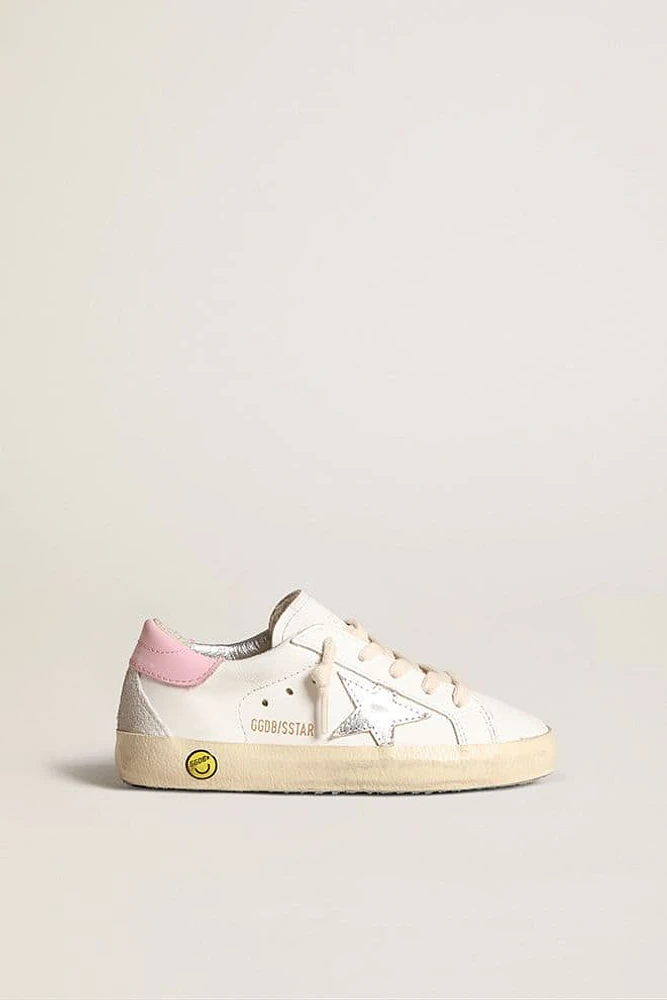 Junior Super-Star in white leather with silver metallic star and pink heel tab