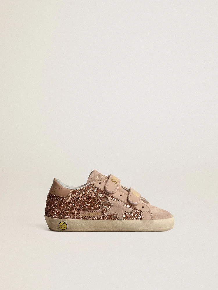 Old School Junior in peach-pink glitter with pink suede star