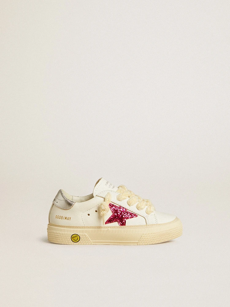Junior May with fuchsia glitter star and metallic leather heel tab