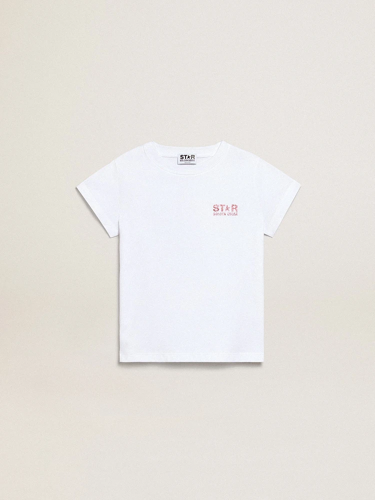 Girls’ white T-shirt with pink glitter logo and maxi star