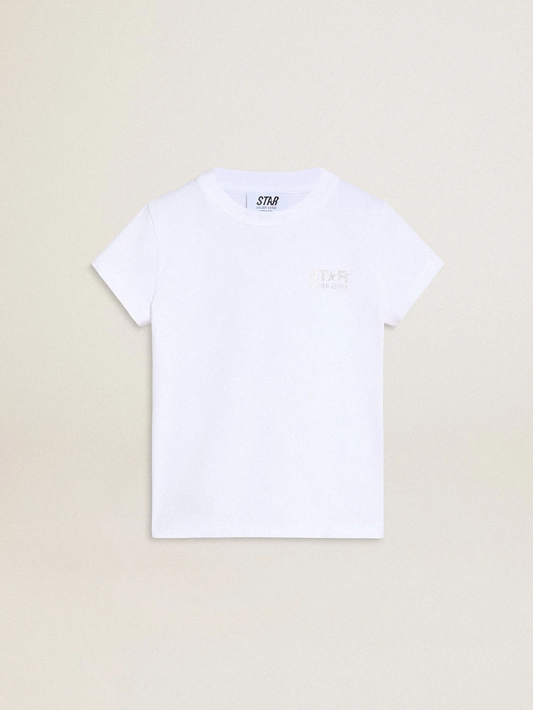 White and silver T-shirt with logo and maxi star in silver glitter