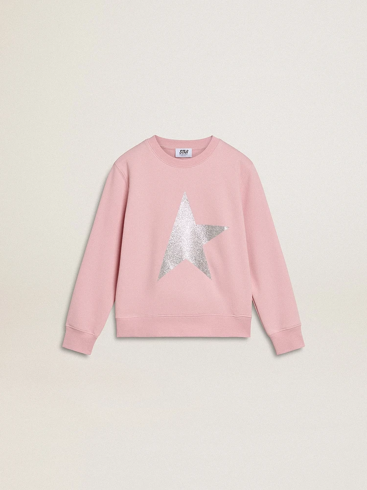 Pink sweatshirt with maxi star silver glitter on the front