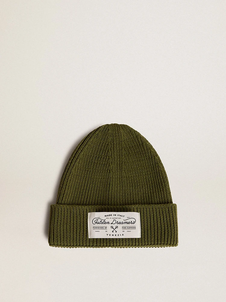 Military-green cotton beanie with appliqué label on the front