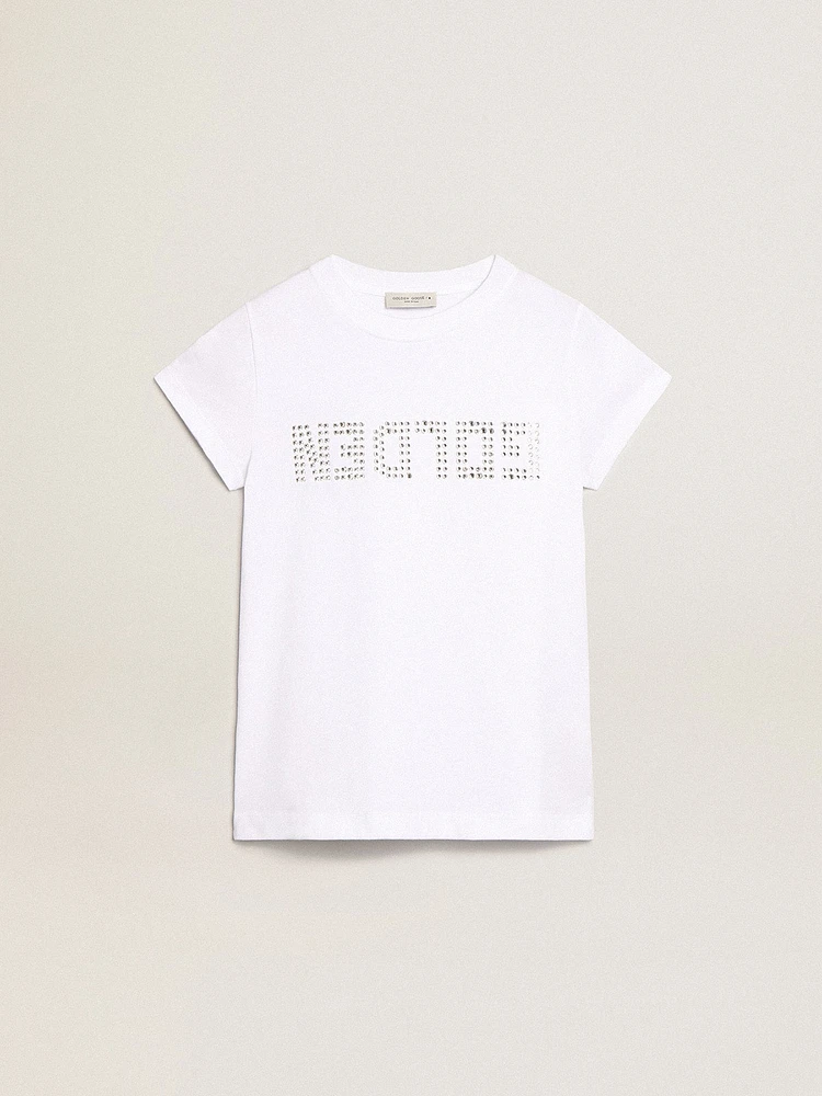 White T-shirt with central Golden lettering crystals