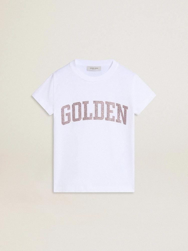 Girls' white T-shirt with pink glitter Golden lettering