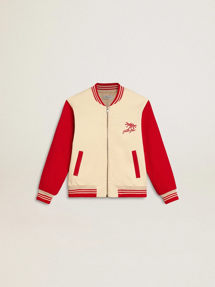 Kids' bomber jacket beige and red cotton with embroidery on the chest