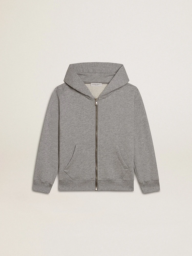 Gray melange hooded sweatshirt with print on the back