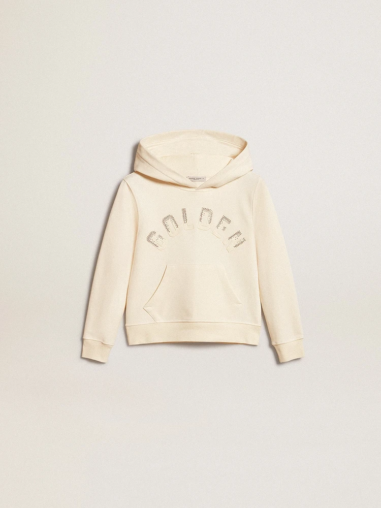 Hooded sweatshirt aged white with patches