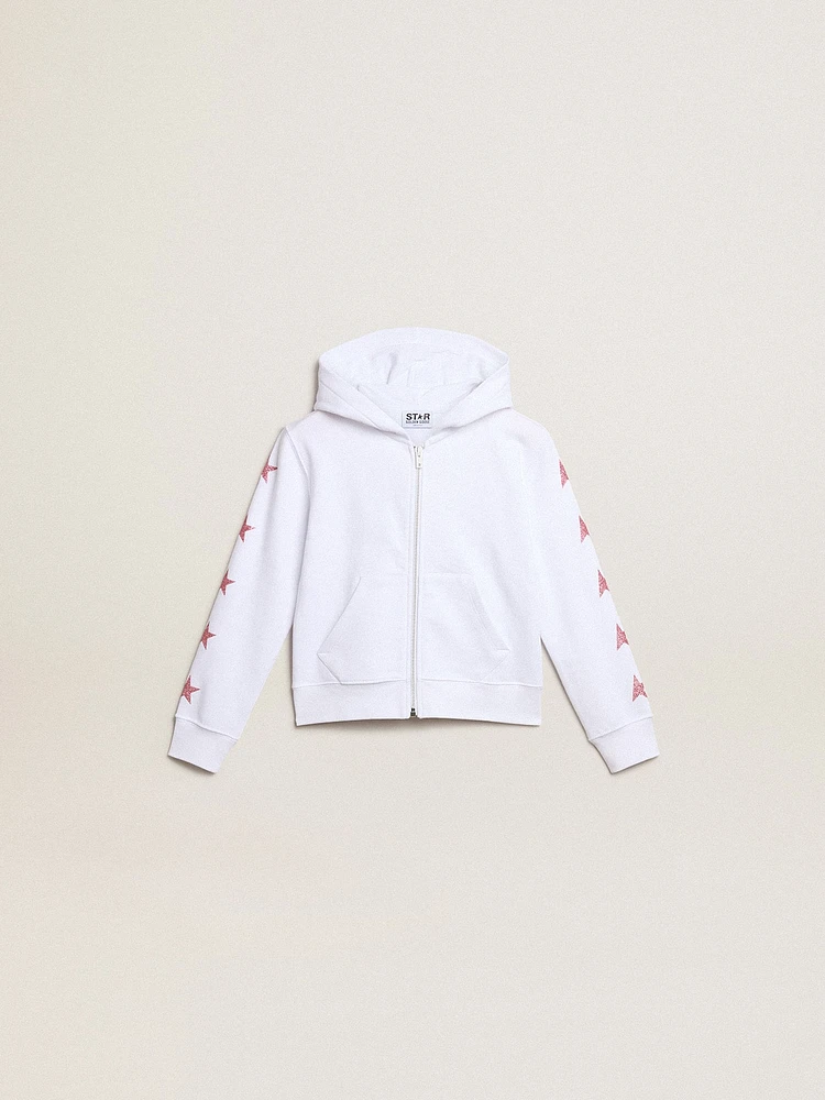 Girls’ zip-up sweatshirt white with glitter stars on the sleeves