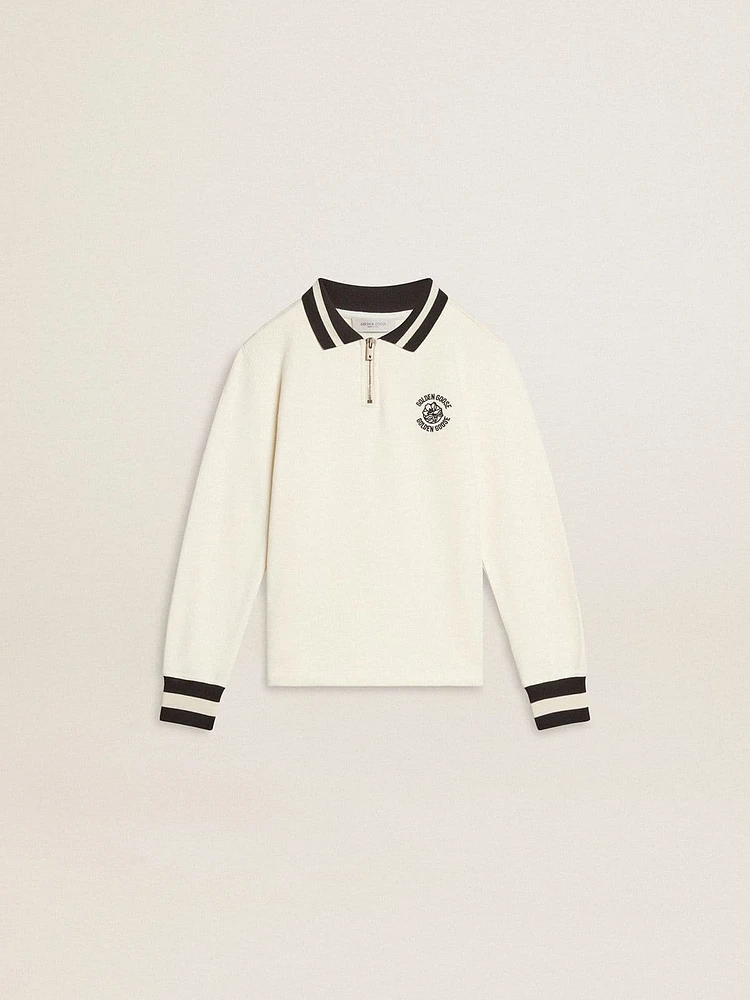 Kids white cotton polo sweatshirt with embroidery on the chest and print back