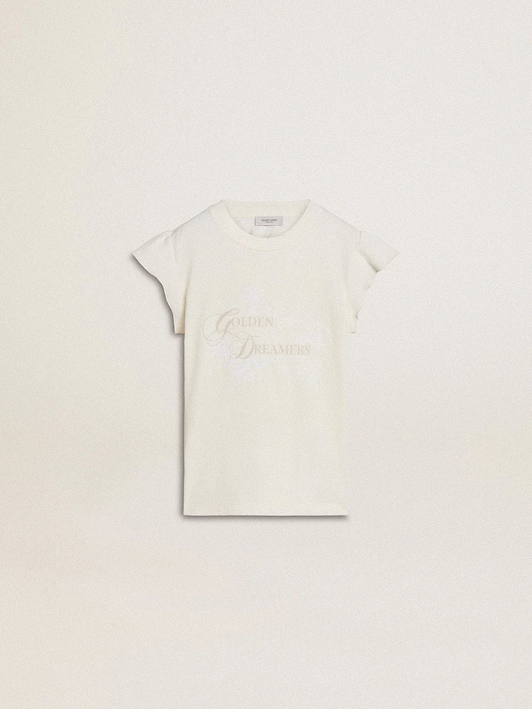 Girls' T-shirt with ruffled sleeves lettering and embroidery