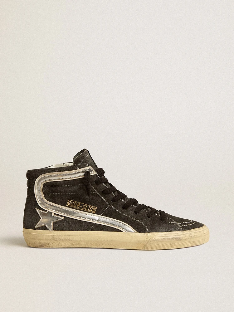 Slide black suede with silver metallic leather star and flash