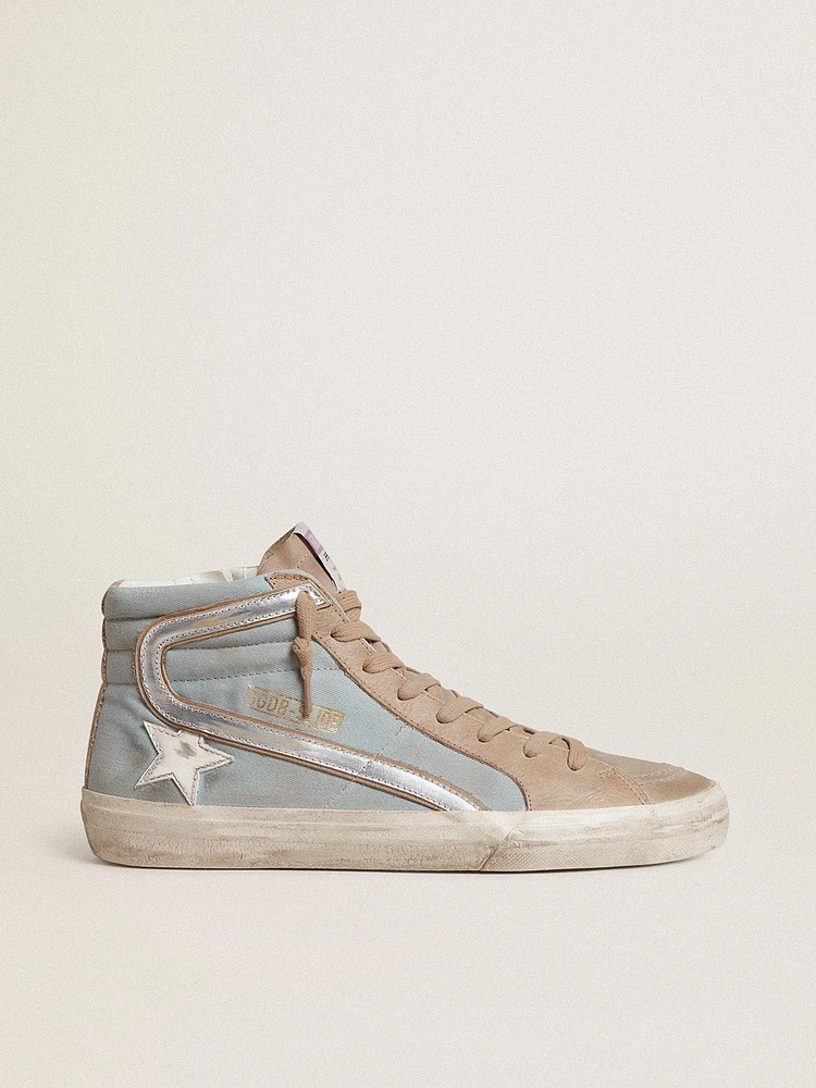 Men's Slide light blue canvas with silver metallic leather flash