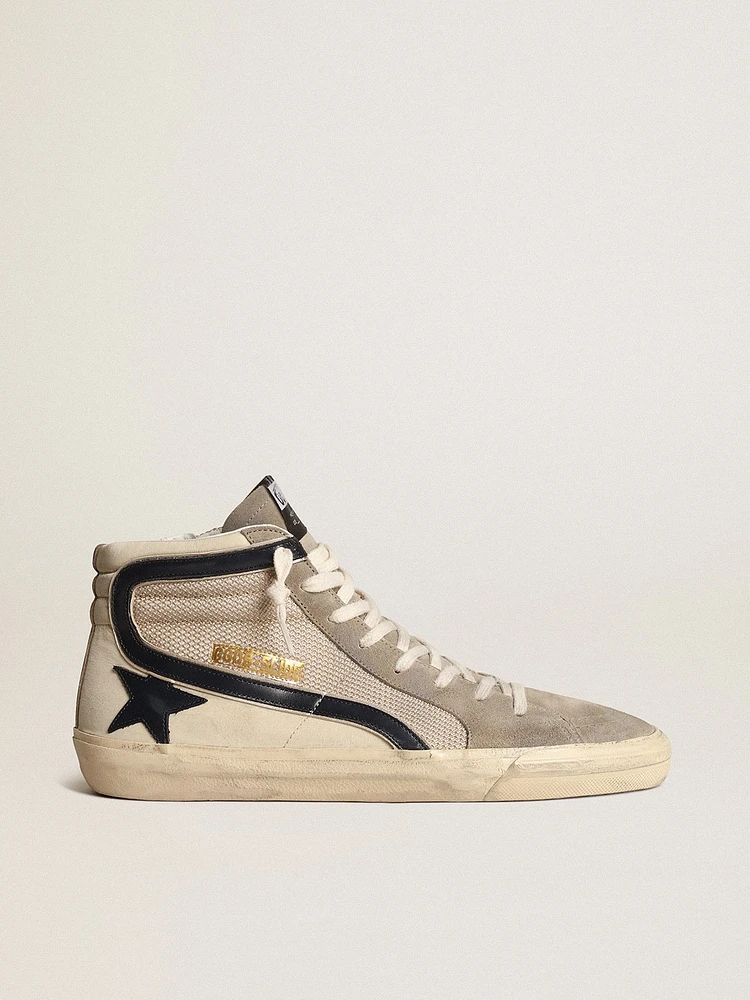 Slide beige mesh and nylon with blue leather star flash