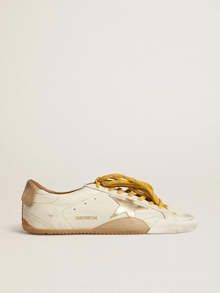 Men's True-Star white nappa leather with gold foiled star and beige suede heel tab
