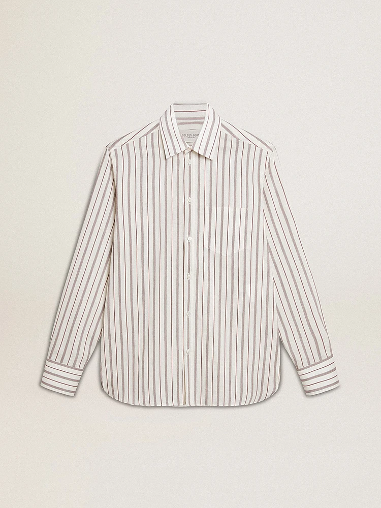 Men's white cotton shirt with fine burgundy stripes