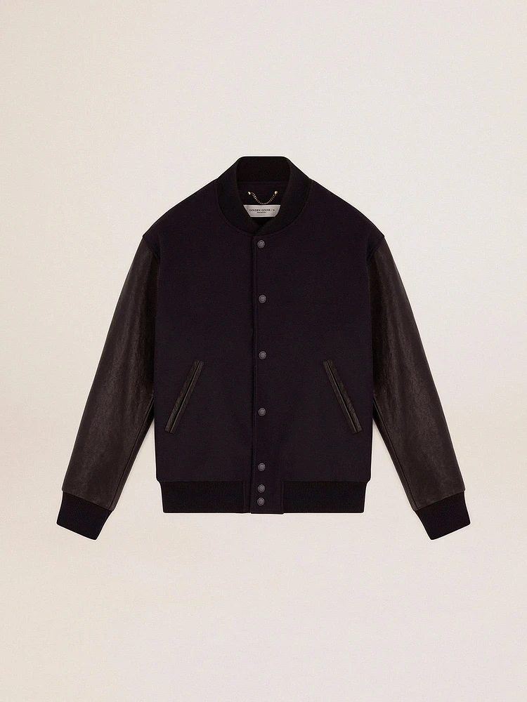 Men's bomber jacket dark blue wool with leather sleeves