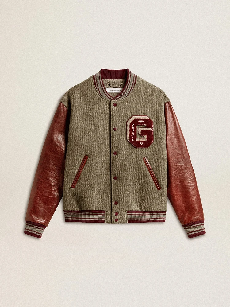 Bomber jacket gray melange wool with leather sleeves