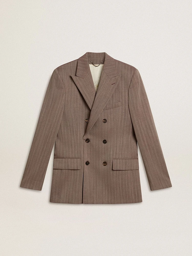 Men's beige chevron wool blend double-breasted blazer