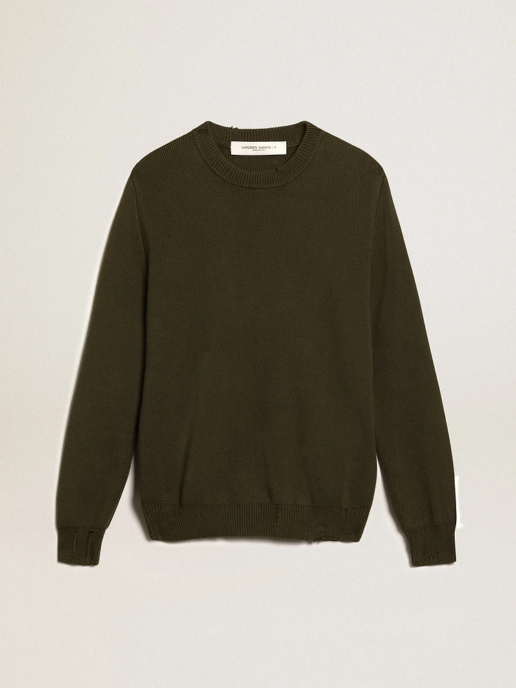 Men's round-neck sweater military green cotton