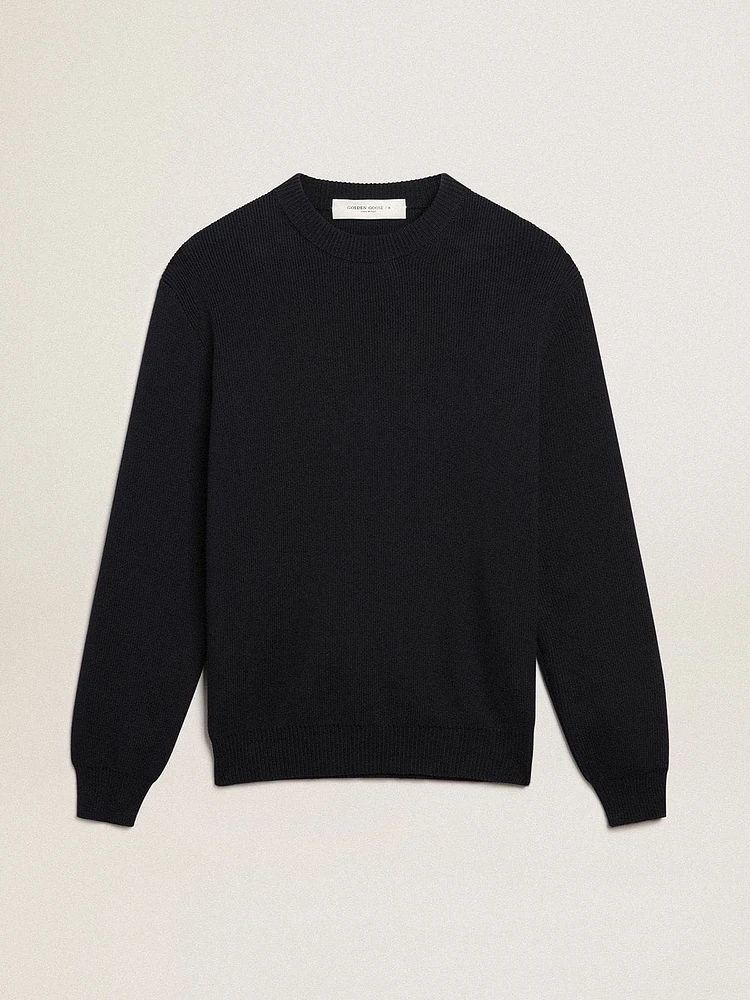 Men's round-neck sweater dark blue cotton with logo