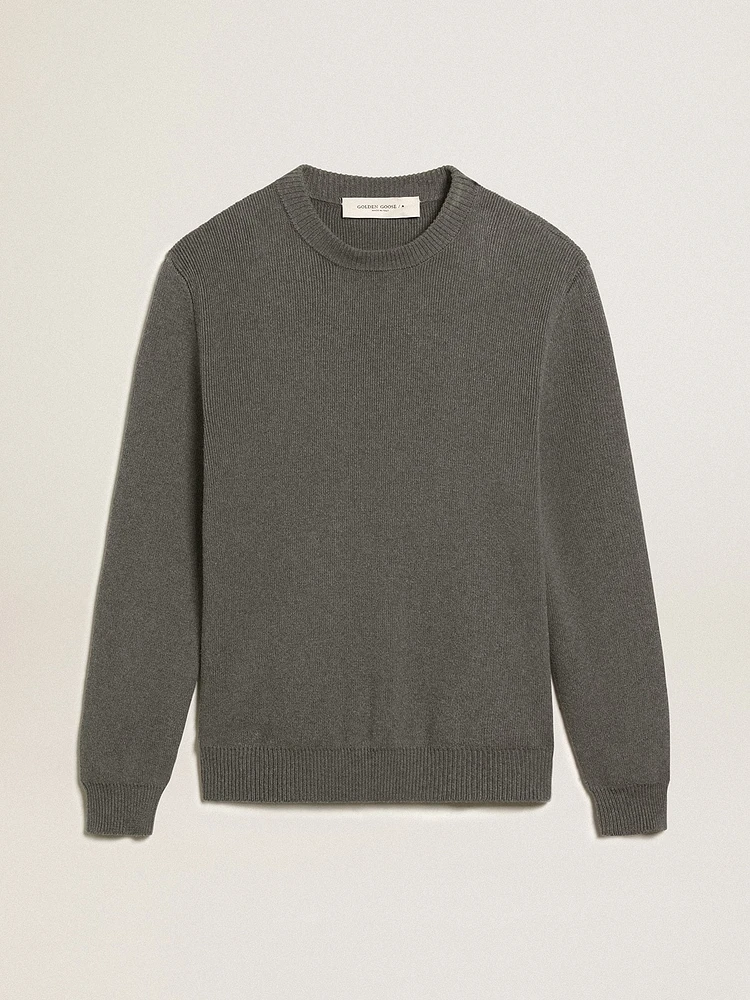 Men's round-neck sweater dark gray cotton with logo on the back