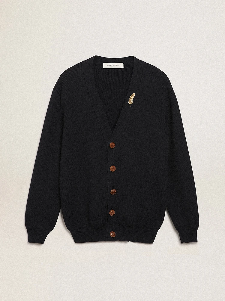 Golden Collection cardigan dark blue cotton with a distressed finish