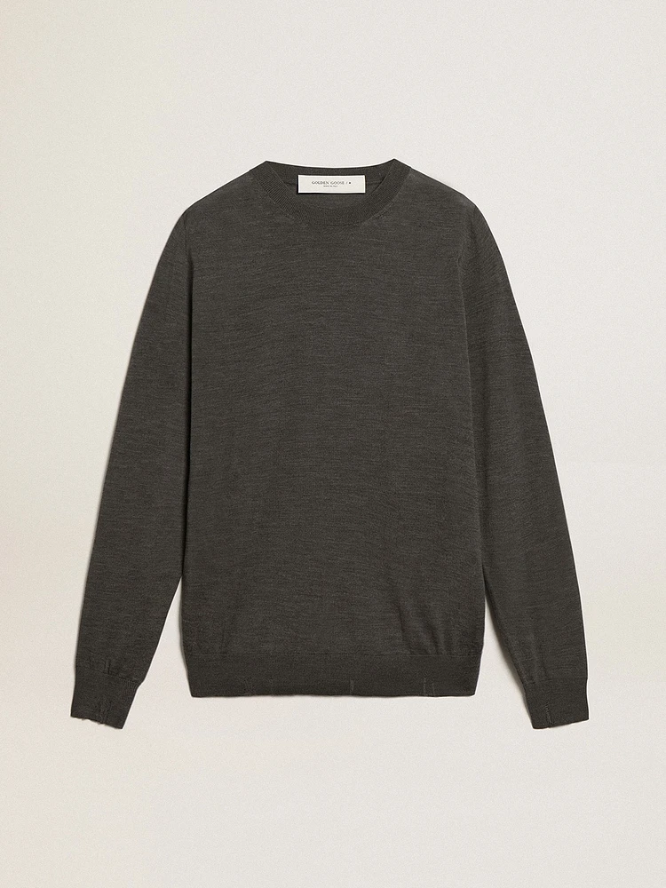 Men's round-neck sweater dark gray mélange wool