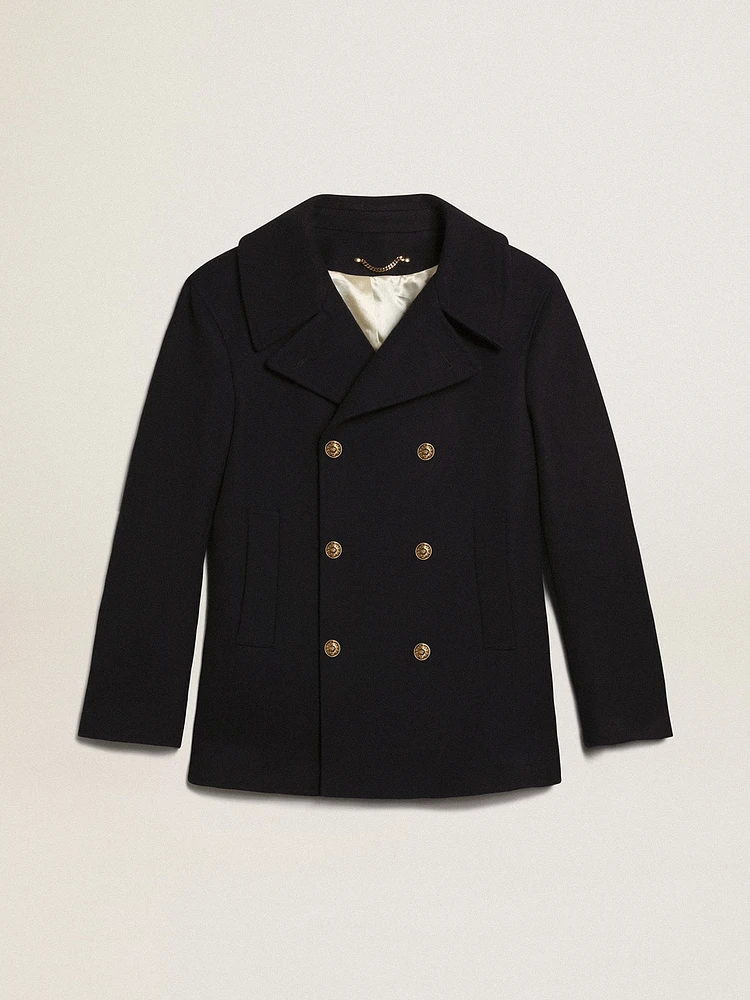 Men's double-breasted coat dark blue wool with gold buttons