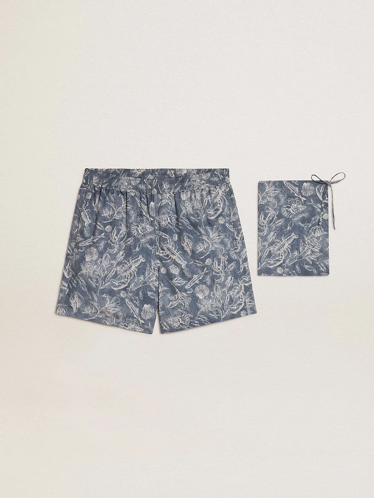 Men's boxers with light blue and white marine print