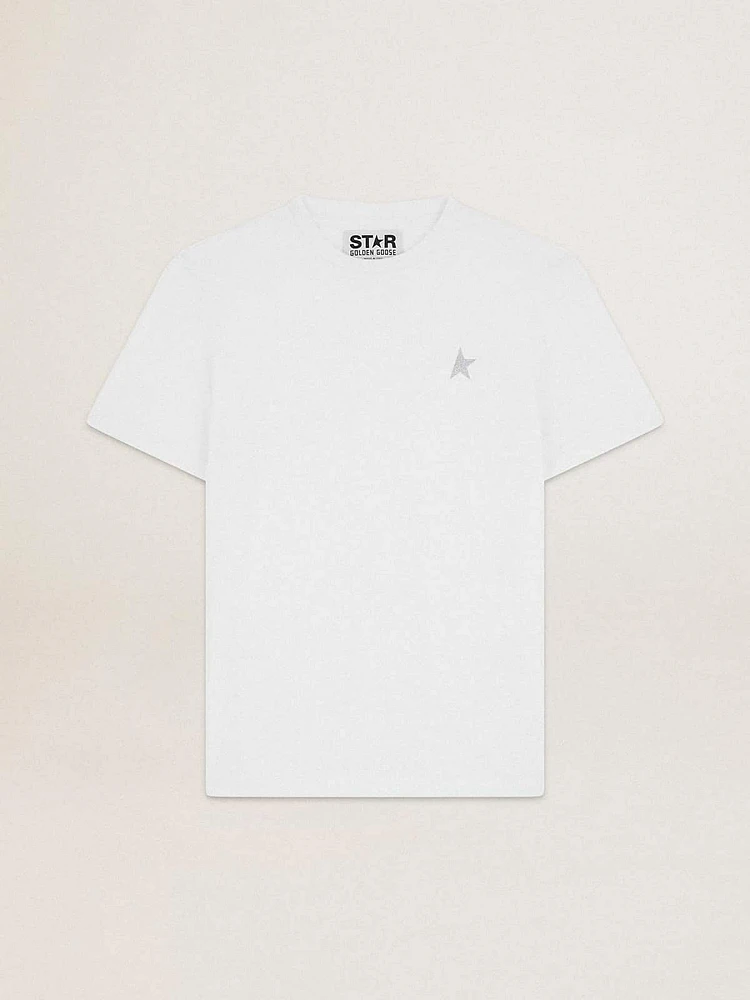 Men's white T-shirt with silver glitter star on the front