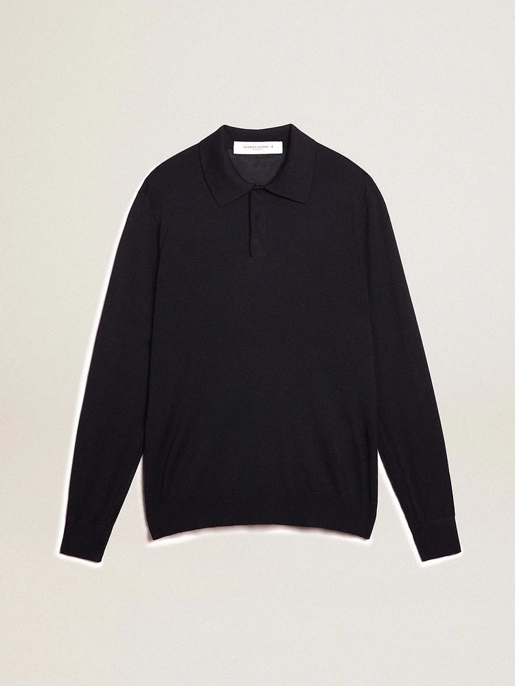 Men’s long-sleeved polo shirt navy-blue merino wool