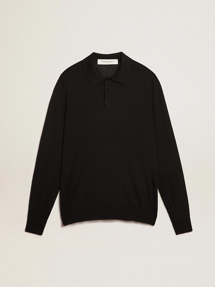 Men’s long-sleeved polo shirt black merino wool