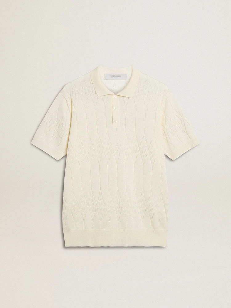 Men's white jacquard knit polo shirt