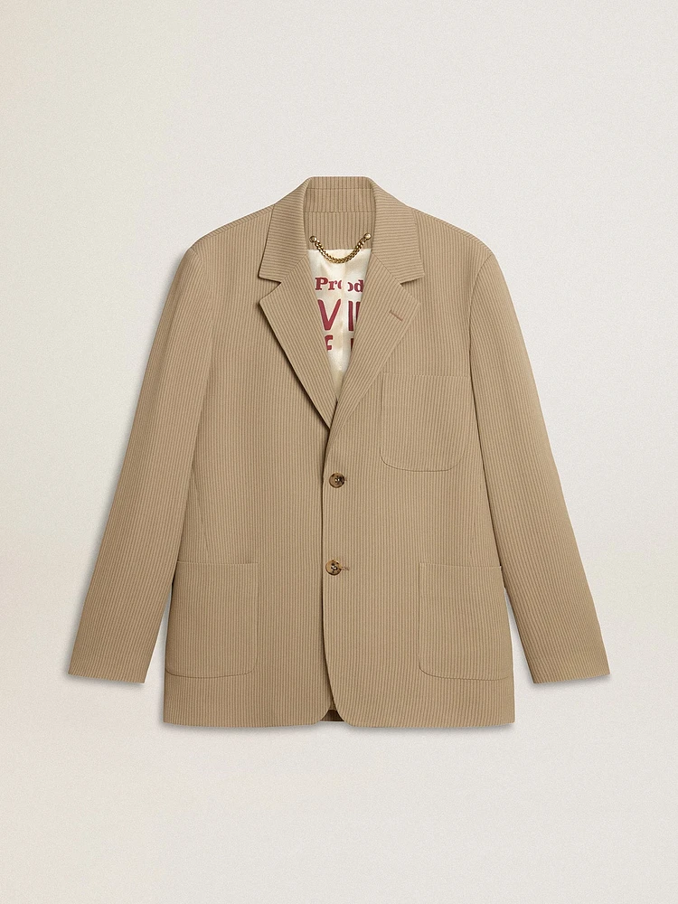 Men's beige pinstripe single-breasted jacket with an oversized fit